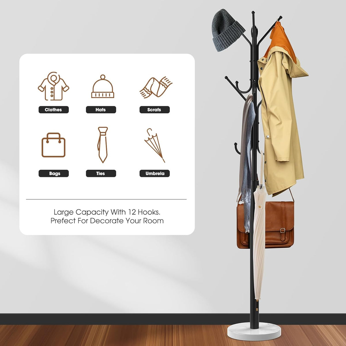 Metal Sturdy Coat Rack with 12 Storages and Natural Marble Base V826