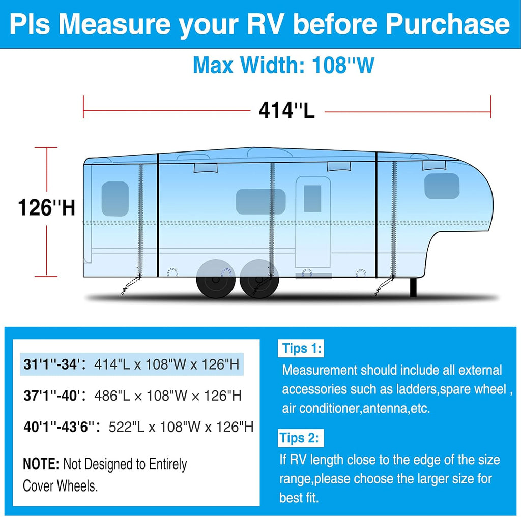 Ripstop Waterproof 5th Wheel Camper Cover with Adhesive Repair Patch, Fits 31'1"-34' L H5110
