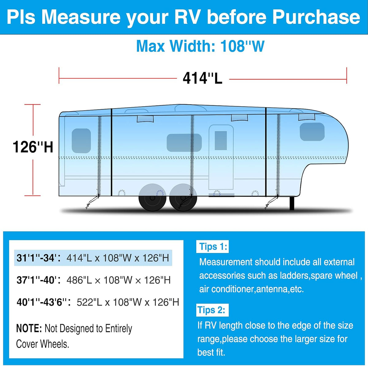 Ripstop Waterproof 5th Wheel Camper Cover with Adhesive Repair Patch, Fits 31'1"-34' L H5110