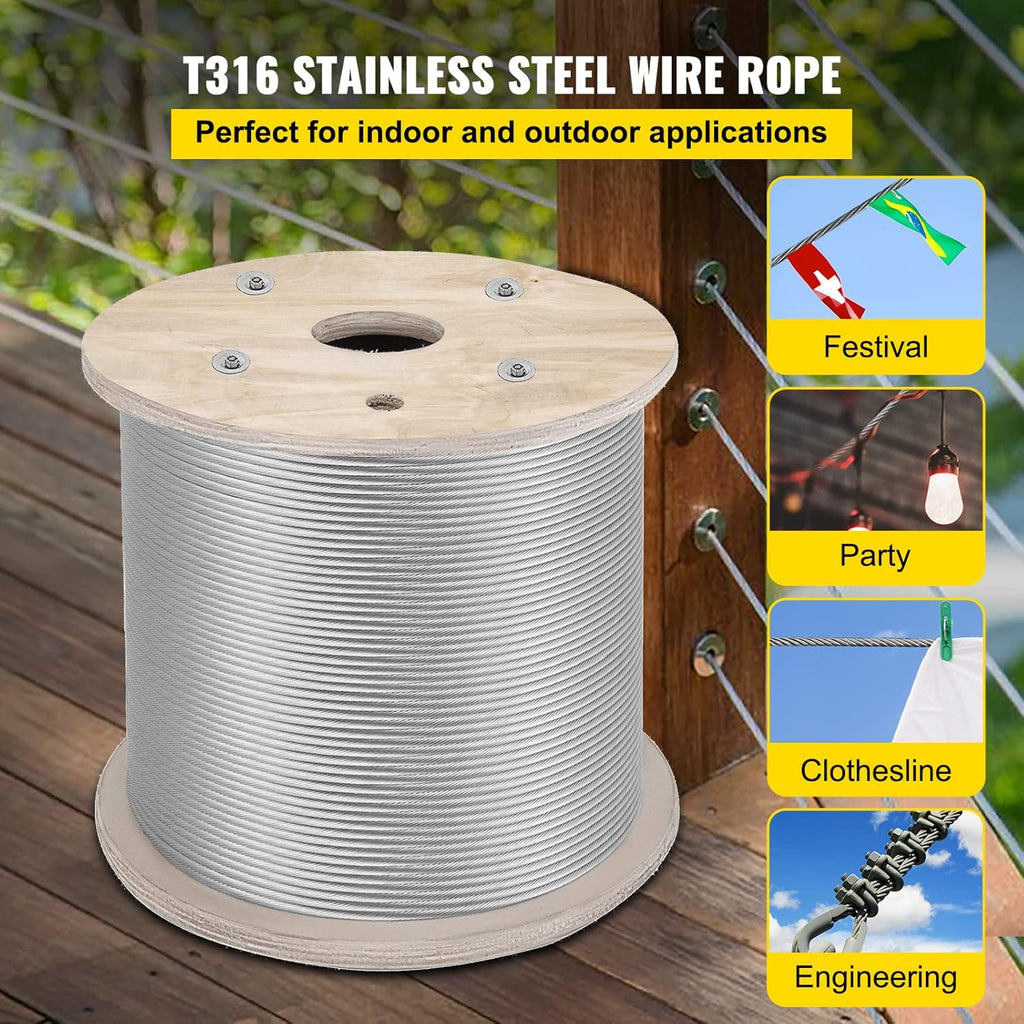 316 Stainless Steel Cable 1000FT Wire Rope 3/16 Inch 1x19 O765632