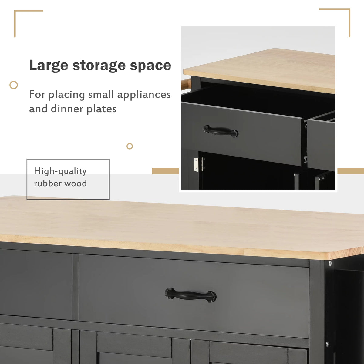Black Kitchen Island Cart with 4-Door Cabinets and 2 Drawers P8656