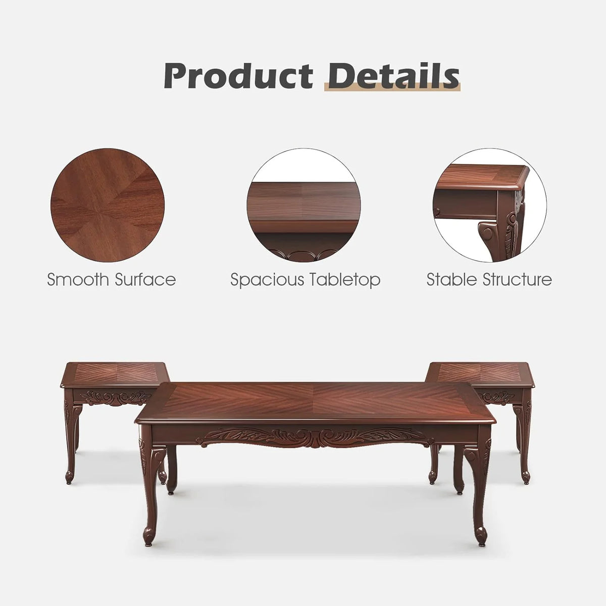 3 Piece Wood Coffee Table Set with 2 End Tables V59893