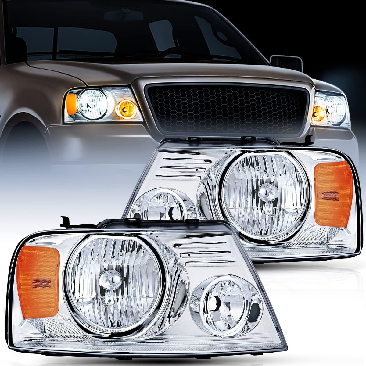 Chrome Housing Amber Reflector Headlight Assembly Replacement V4047