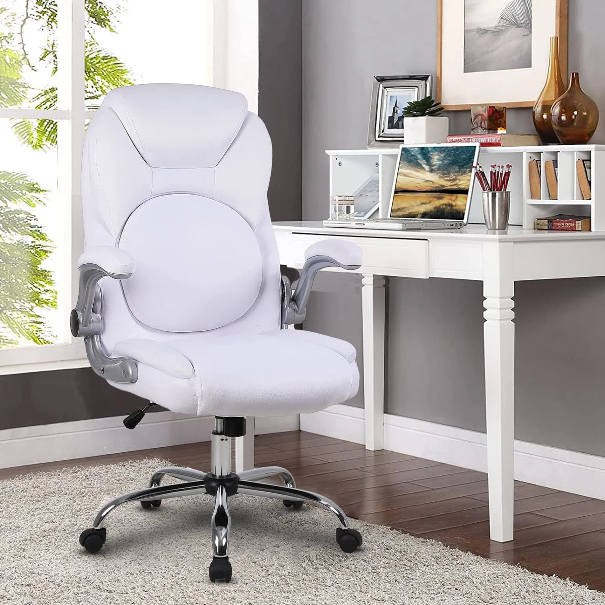 Velvet Ergonomic Office Chair with Wheels and Flip-up Arms, White U9639