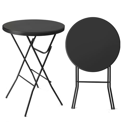 32" Plastic Folding Round Table Bar Height, HDPE, Gray Metal Finish, Black T61224