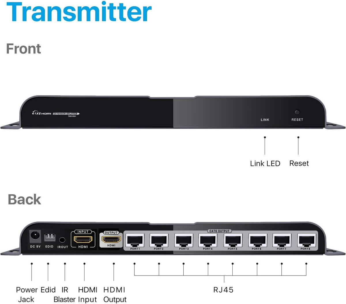8 Port HDMI Extender Splitter over Cat6/Cat7 Cable with IR Remote Control O823