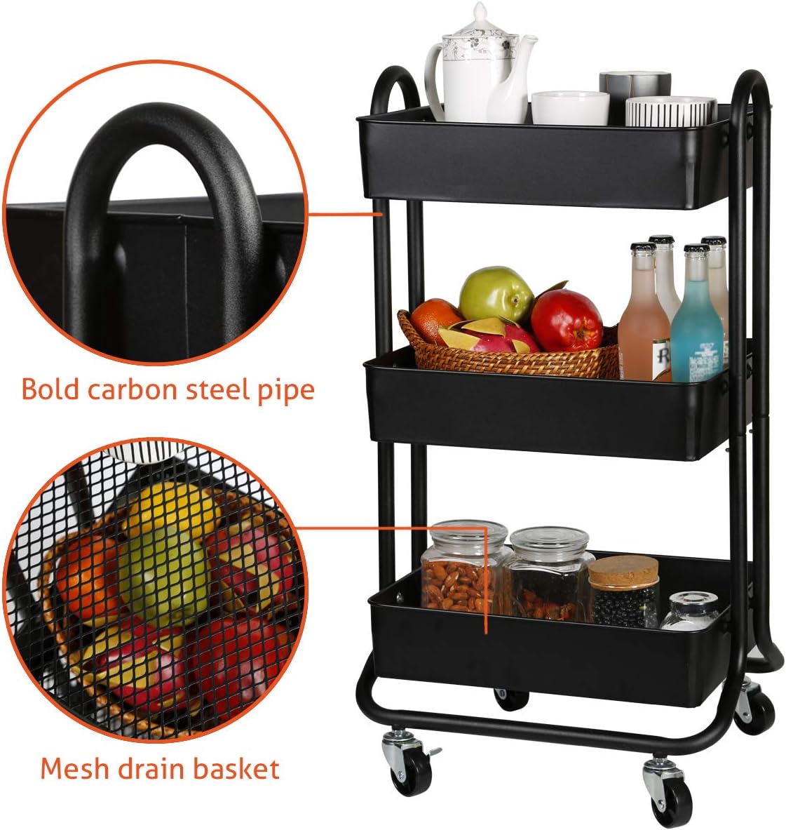 3 Tier Metal Rolling Utility Storage Cart with Wheels X92211