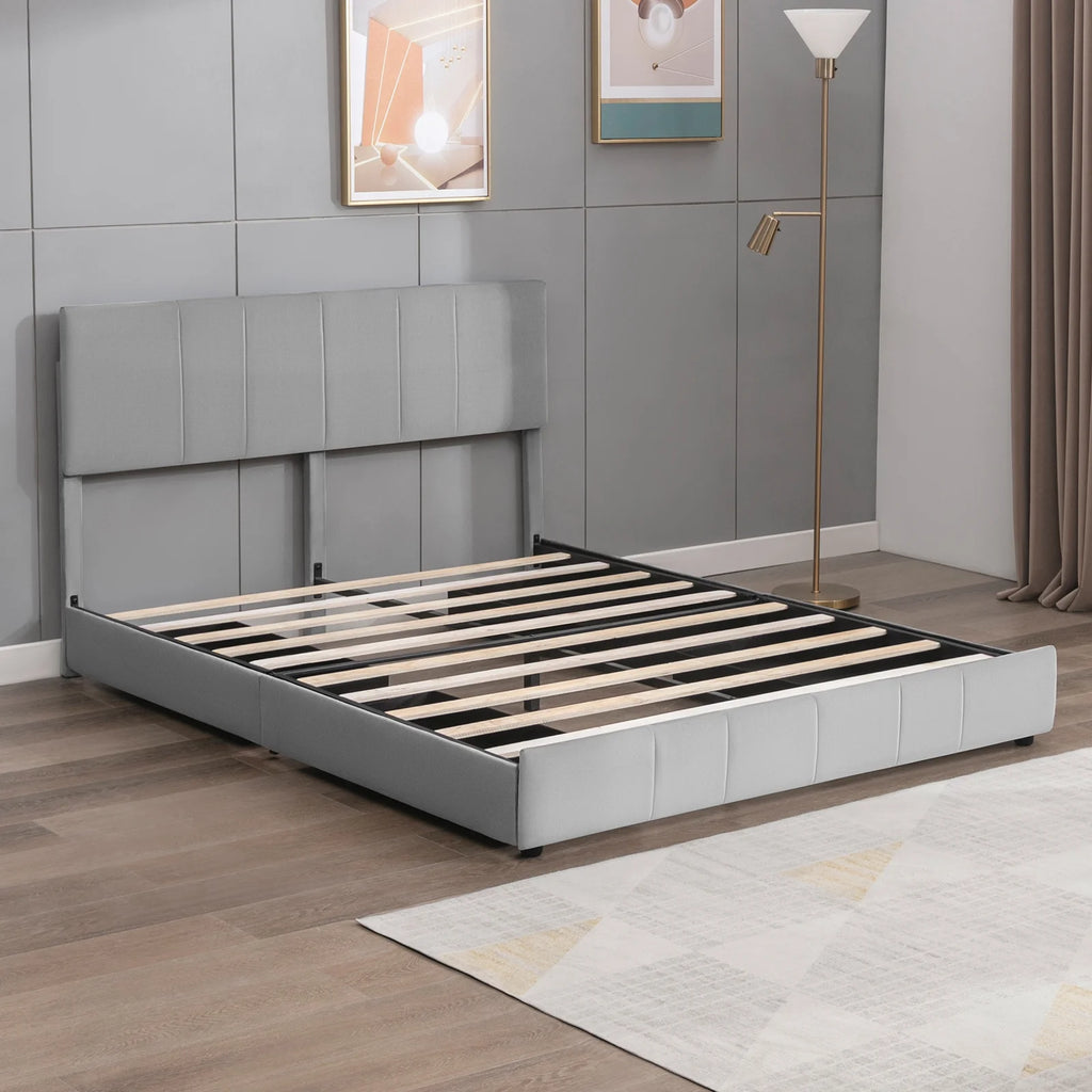 King Size Velvet Upholstered Platform Bed Frame with 4 Storage Drawers E821780