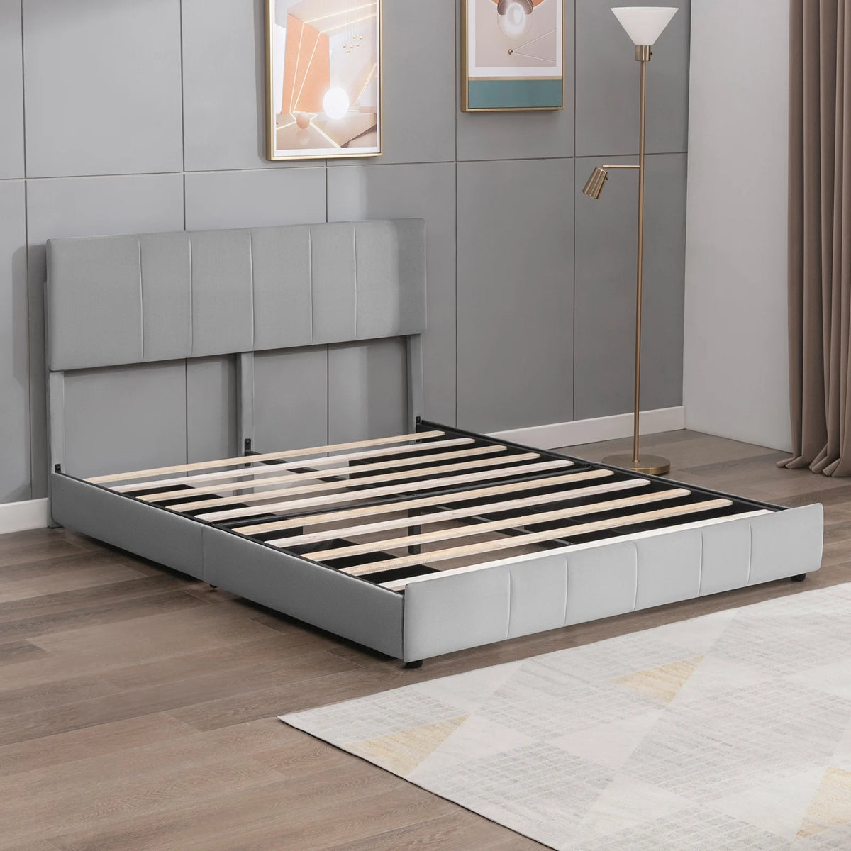 King Size Velvet Upholstered Platform Bed Frame with 4 Storage Drawers E821780