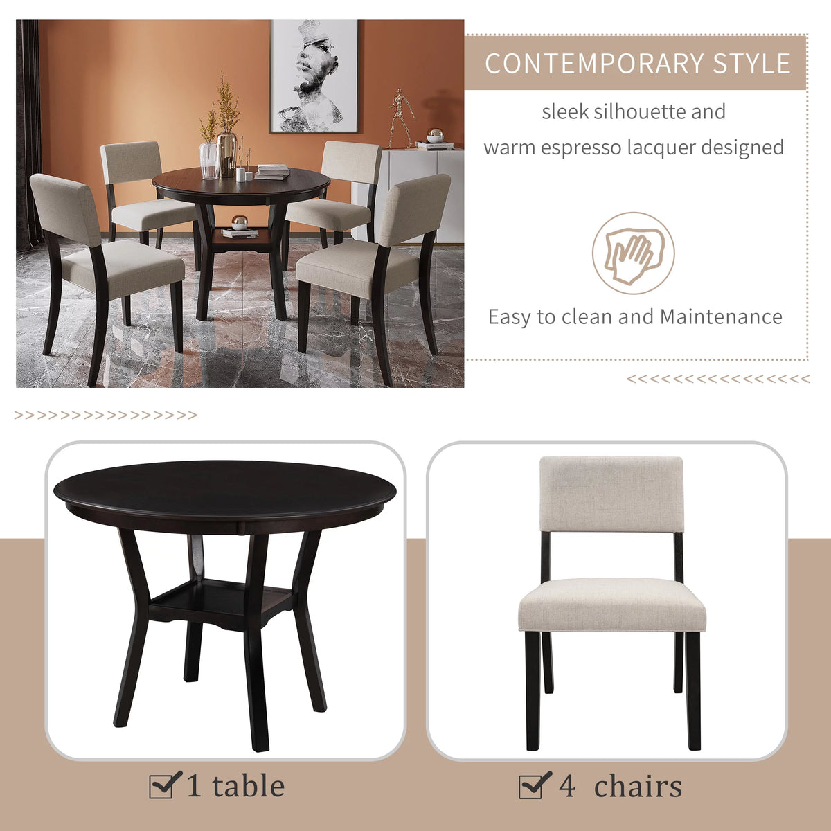 42" 5-Piece Round Dining Table Set with 4 Upholstered Chairs R330929