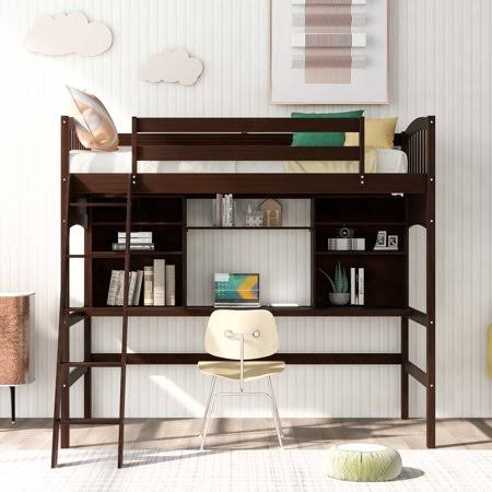 Solid Wood Twin-size Loft Bed with Safety Rail, Desk, Storage Shelves and Ladder U292655