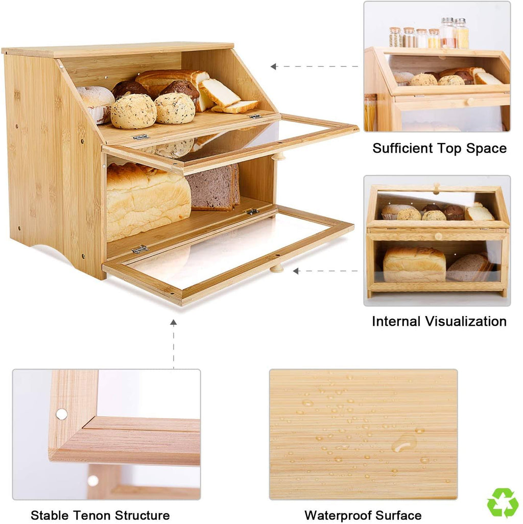 Double Layer Large Wooden Bread Box U4044