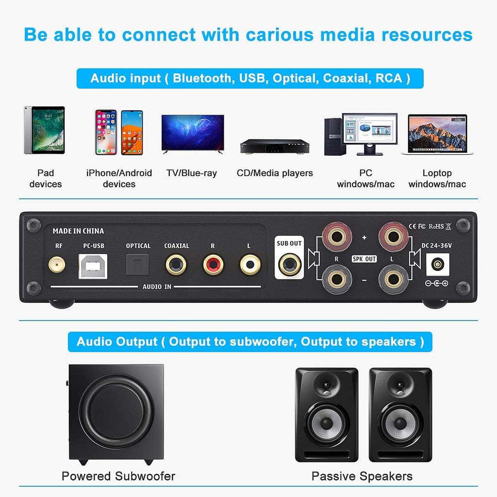 Bluetooth 5.0 Stereo Hi-Fi 2.1 Channel Amplifier U12804