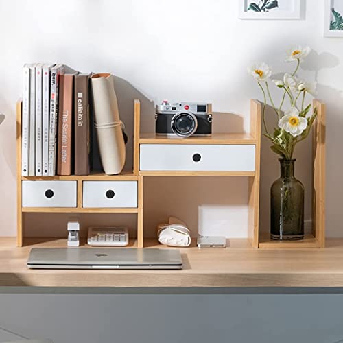 Bamboo Desktop Bookshelf with Drawer Expandable Desk Organizer, 77*35cm A87548