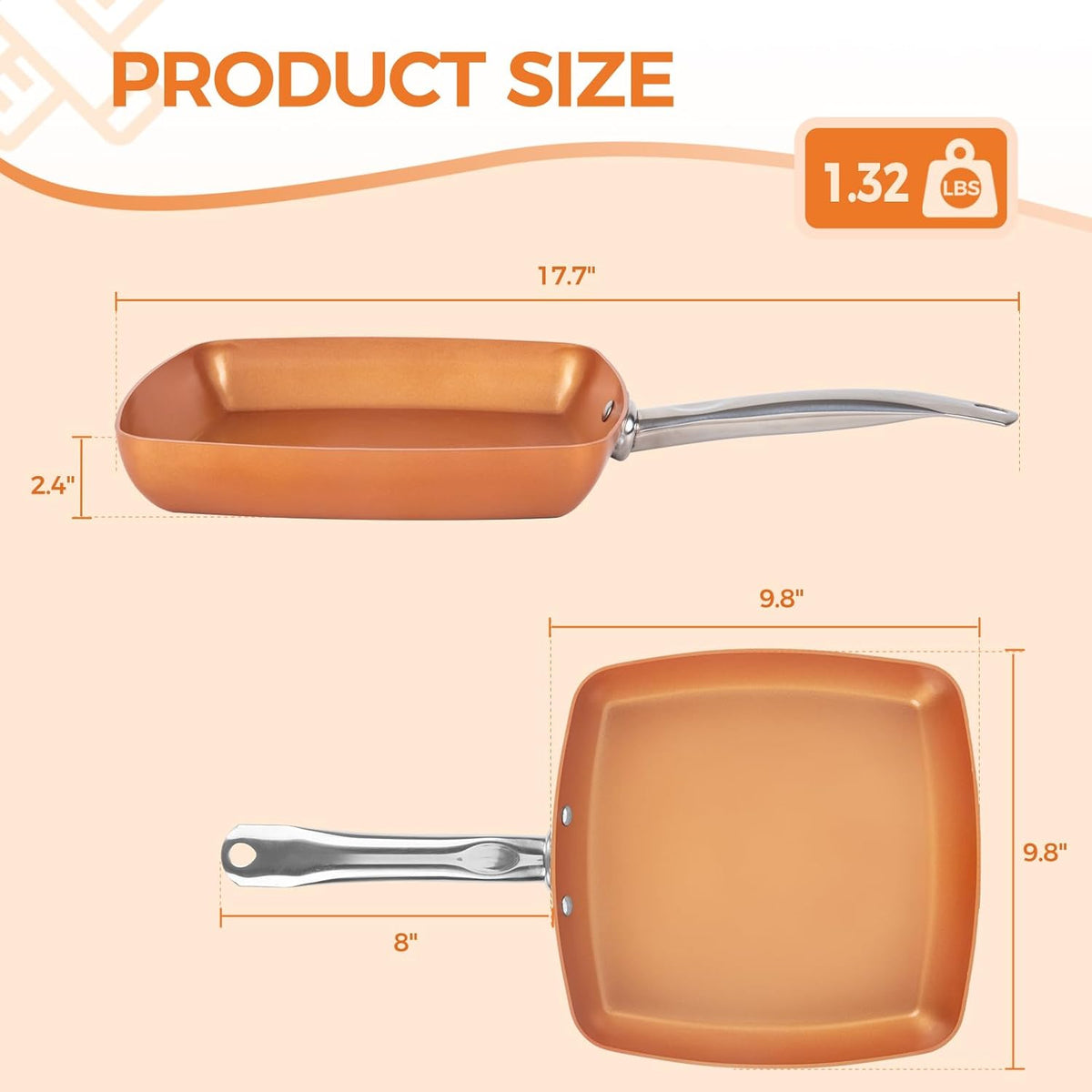 9.5" Non-Stick Copper Square Frying Pan with Ceramic Coating R35564