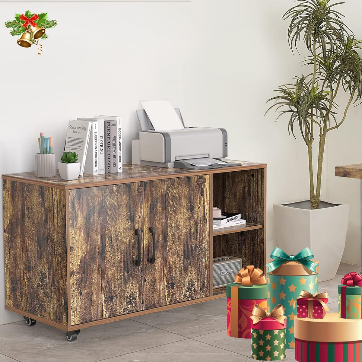 Brown Wood Lateral File Cabinet with Dual Doors Y524