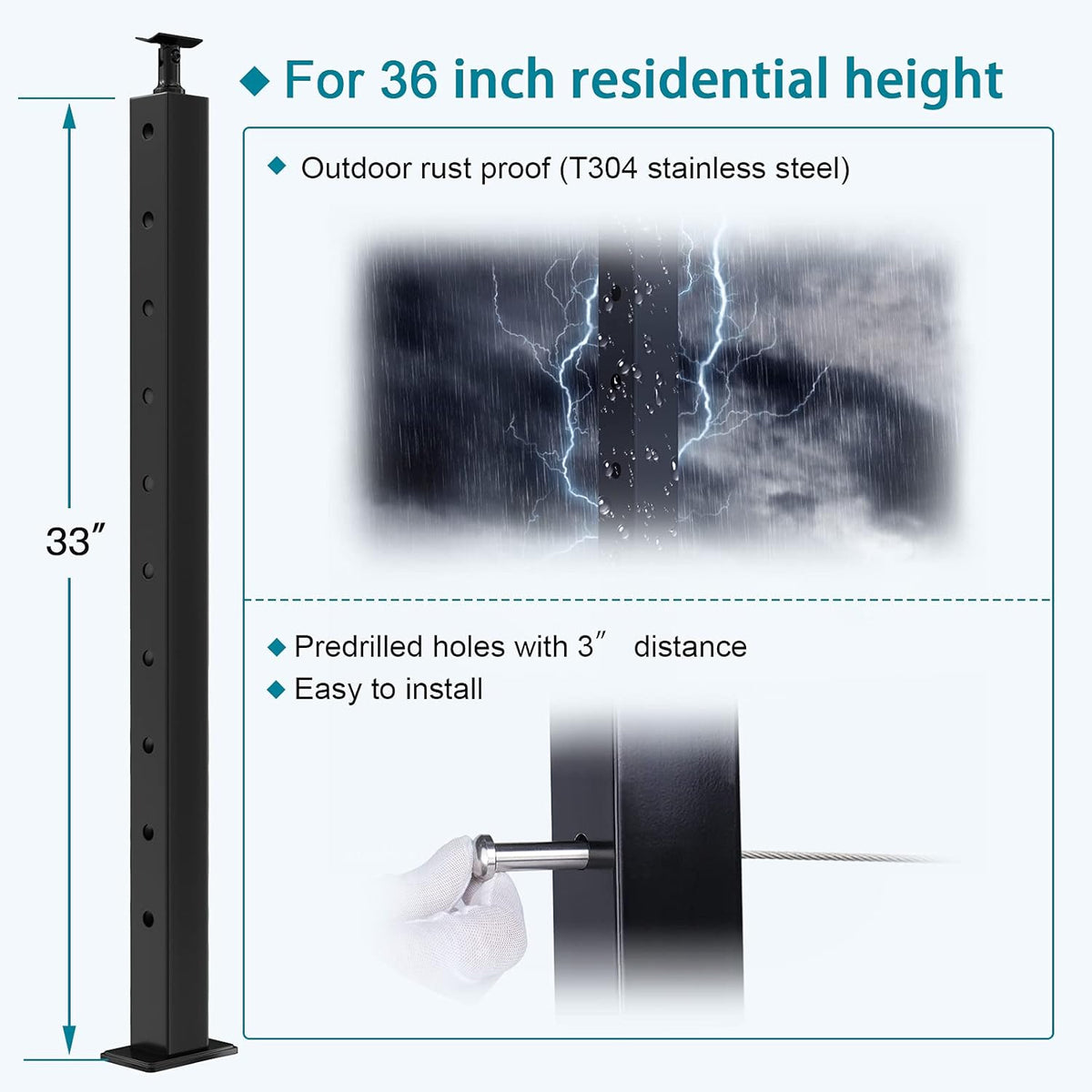 4 Pack Black Stainless Steel Cable Railing Post Z735581