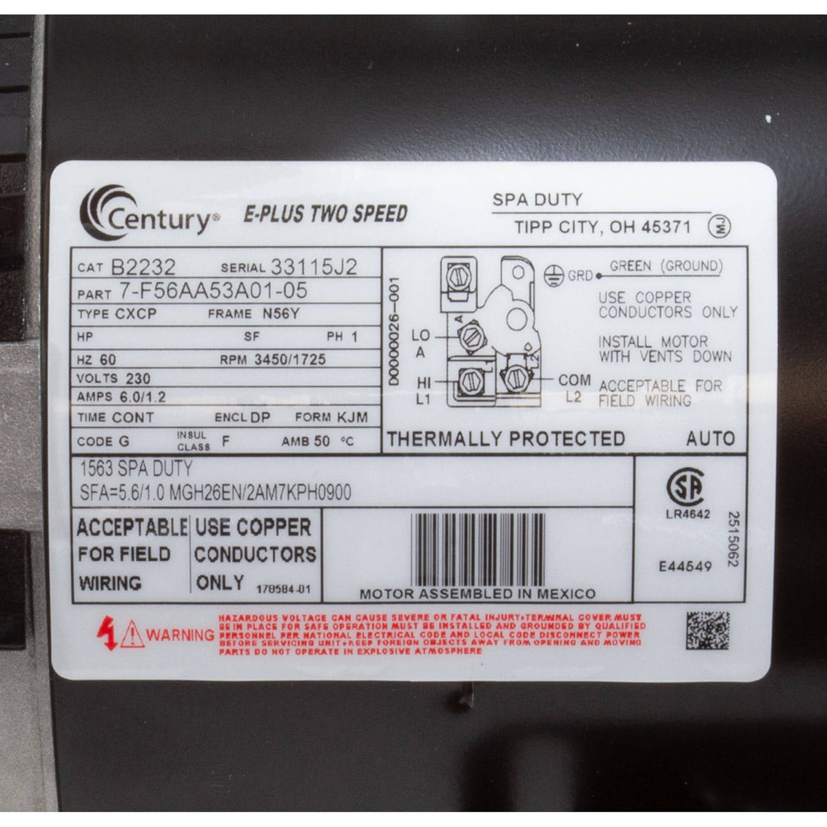 1.0 Horsepower 230V 2-Speed 56Y Frame Motor B202412