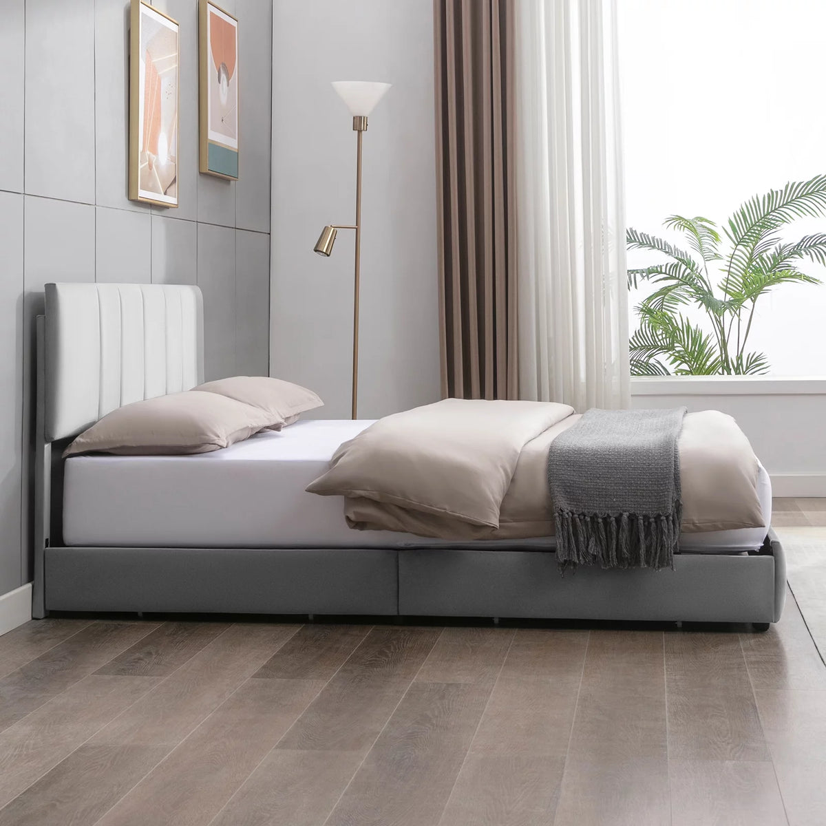King Size Velvet Upholstered Platform Bed Frame with 4 Storage Drawers E821780
