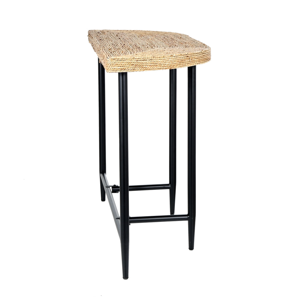 Brown Seagrass Woven Half Moon Console Table with Black Metal Legs I449107