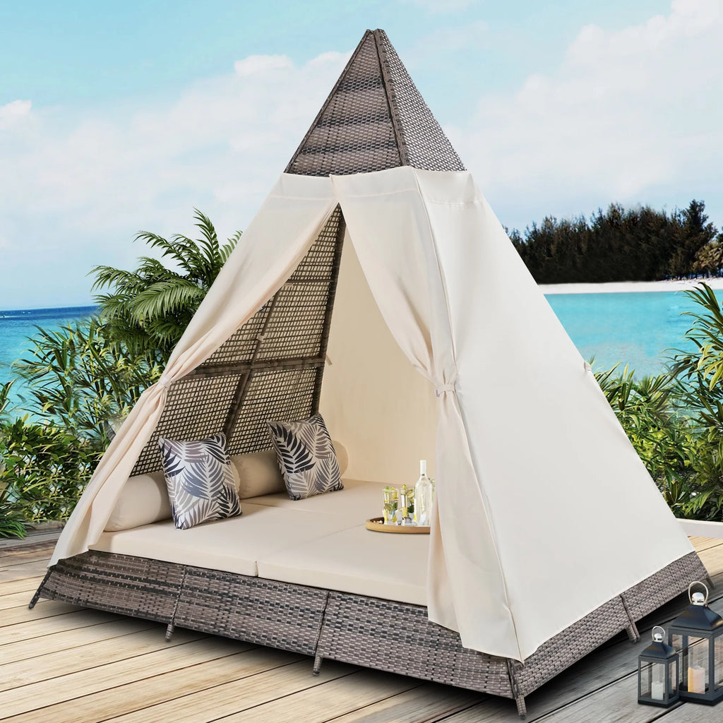PE Wicker Daybed with Beige Cushions Q9068