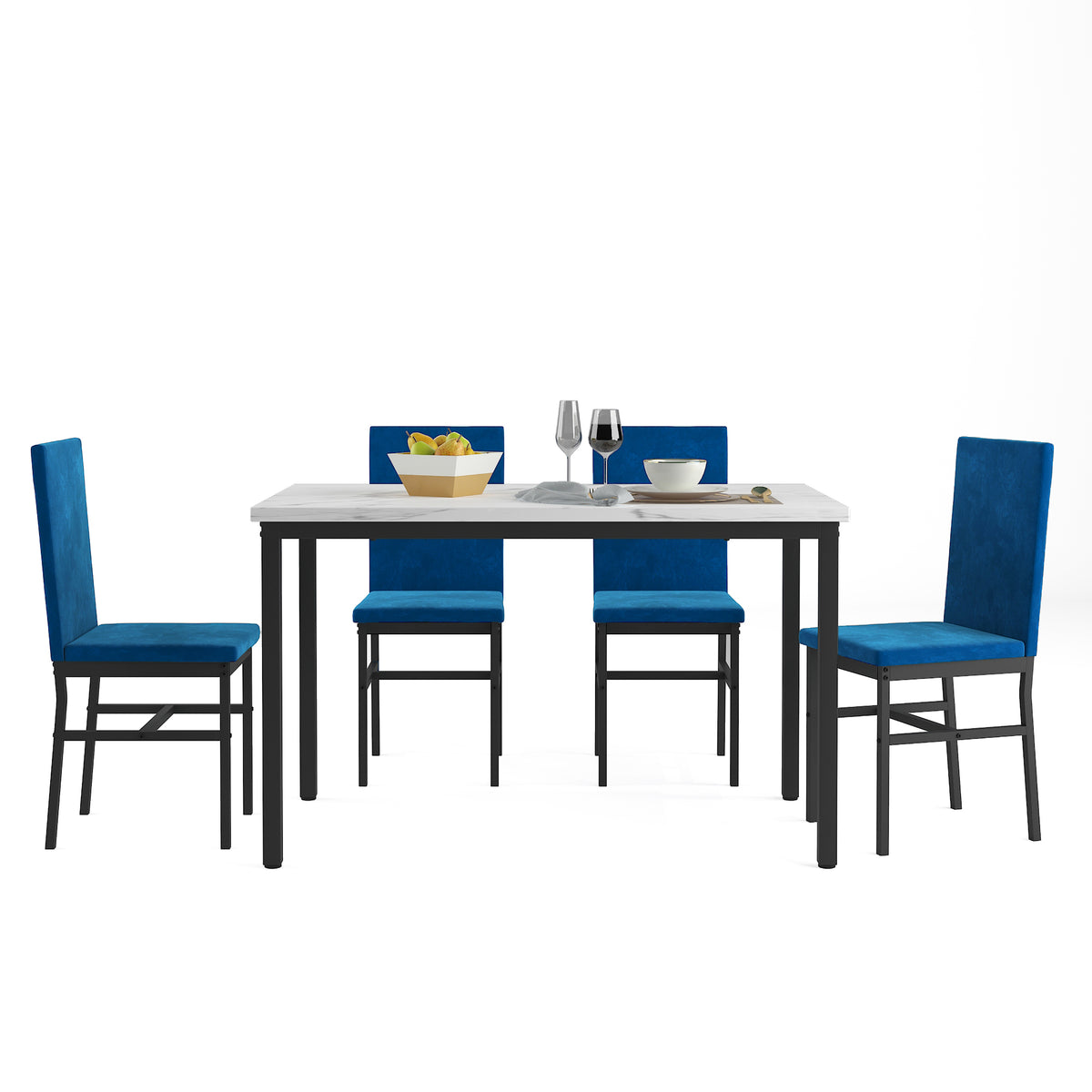 5-Piece Dining Table and Chairs Set with White Marble Top and Blue Velvet Chairs J960