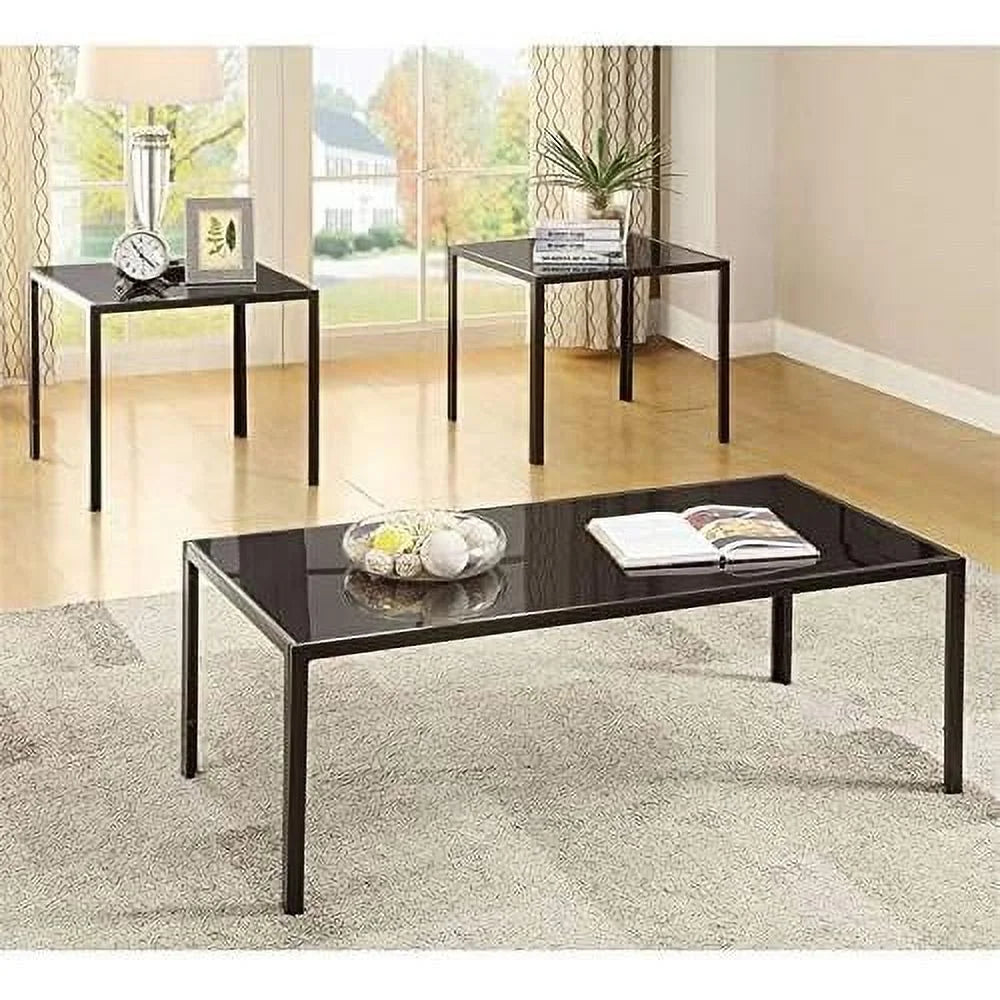 Black 3 Piece Glass Top Coffee Table Set U131