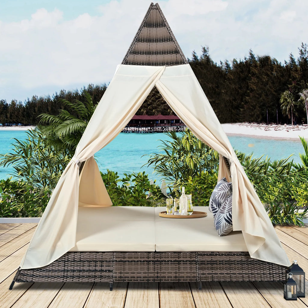 PE Wicker Daybed with Beige Cushions Q9068