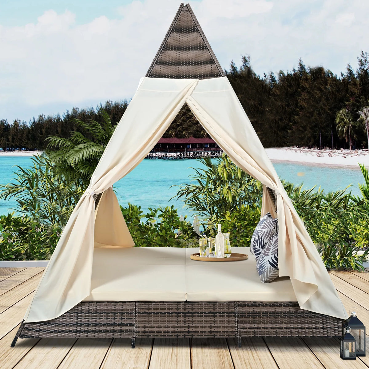 PE Wicker Daybed with Beige Cushions Q9068