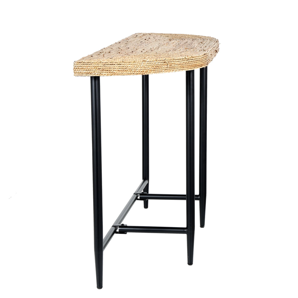 Brown Seagrass Woven Half Moon Console Table with Black Metal Legs I449107