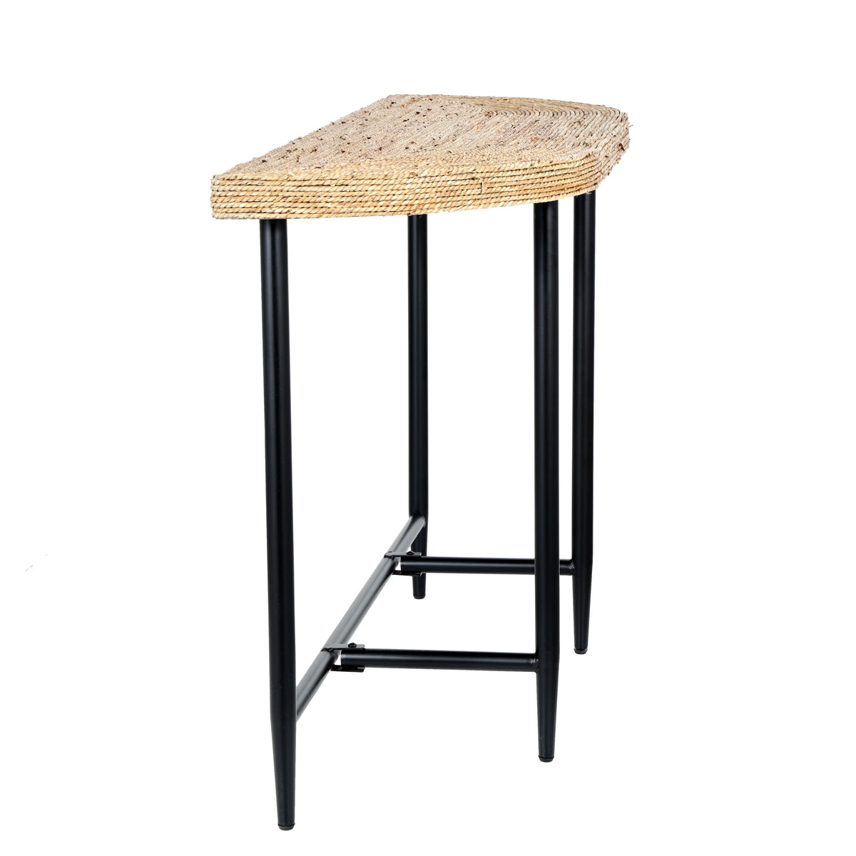 Brown Seagrass Woven Half Moon Console Table with Black Metal Legs I449107