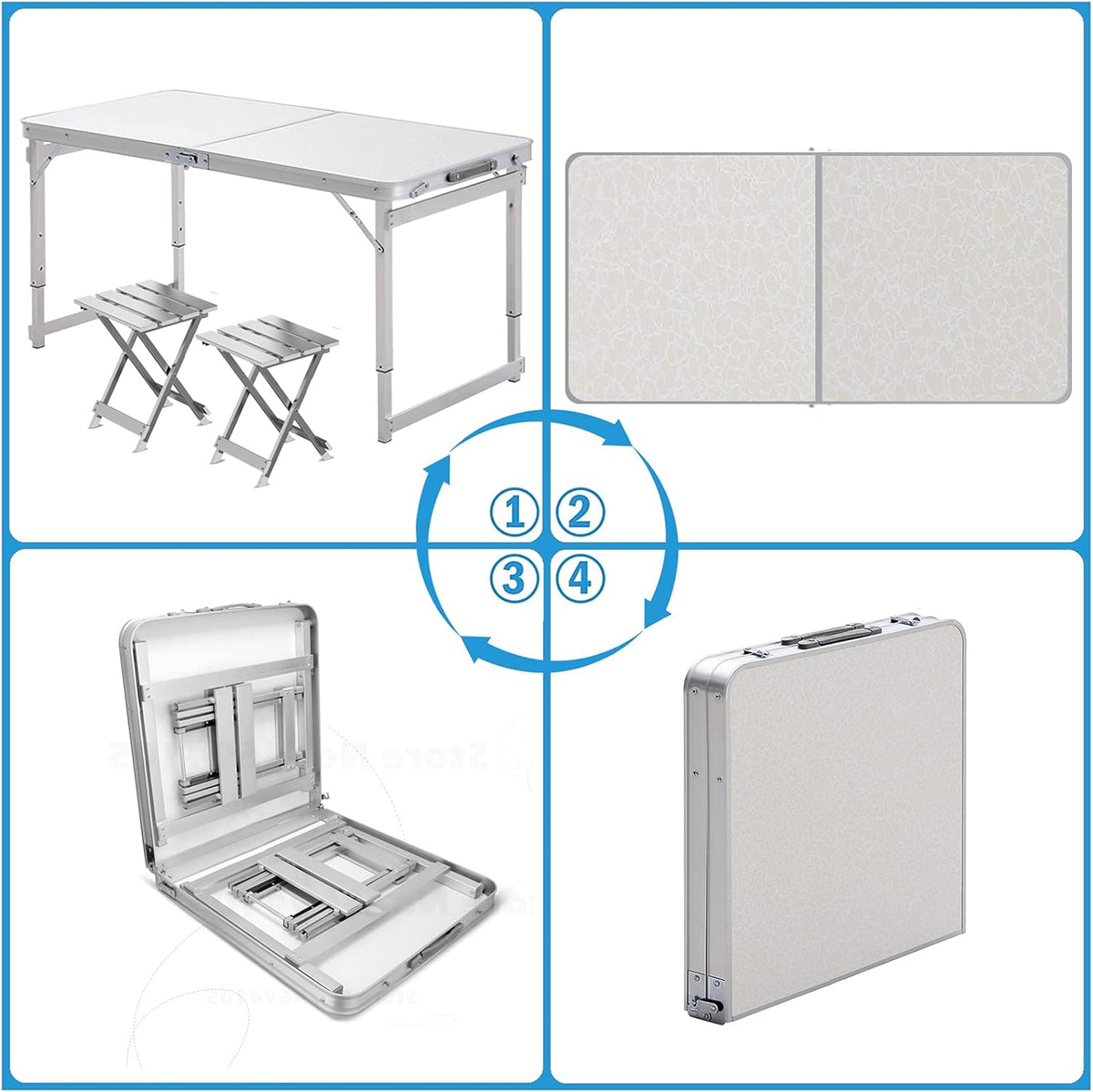 White 4 Foot Adjustable Height Folding Aluminum Camping Table with Stools O8852