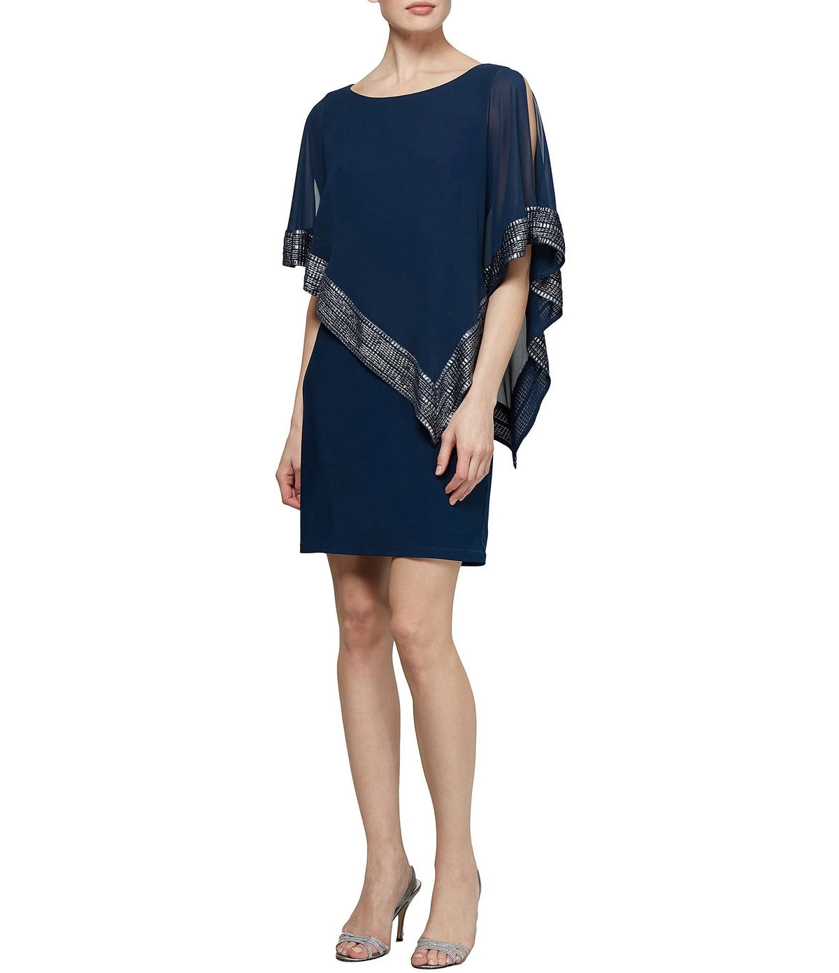 Foil-Trim Asymmetrical Hem Dress J6856
