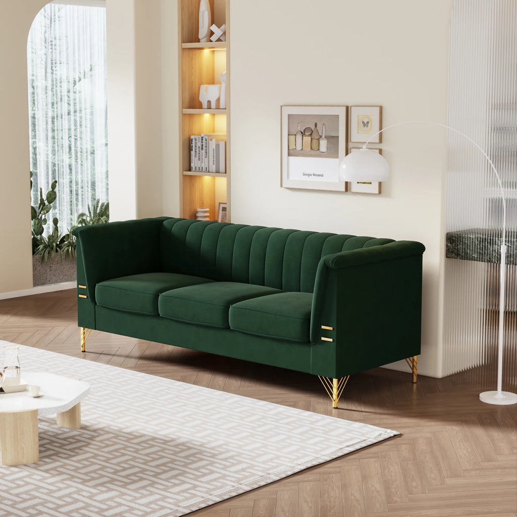 Green Velvet 3-Seater Sofa with Metal Legs T85065