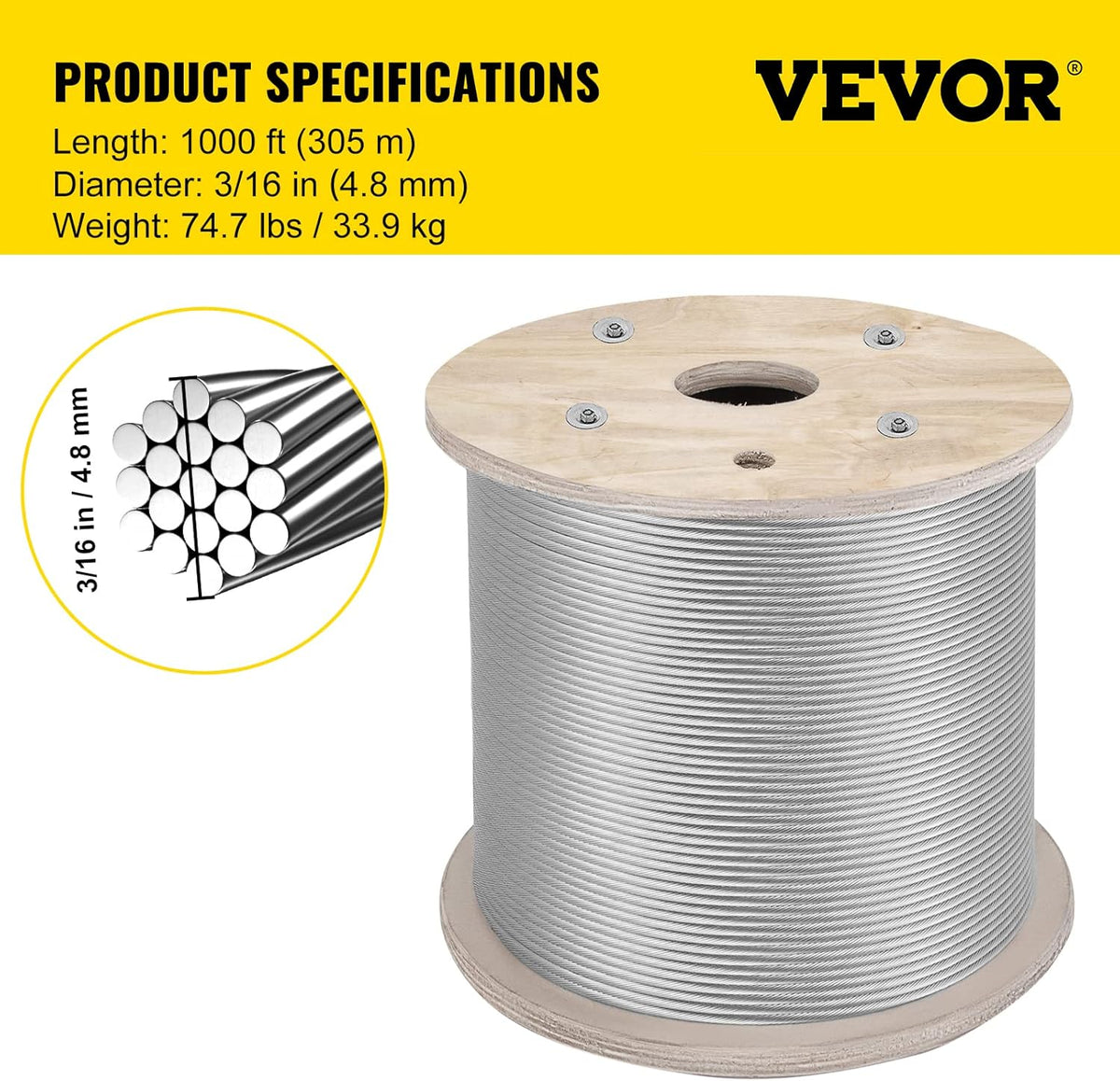 316 Stainless Steel Cable 1000FT Wire Rope 3/16 Inch 1x19 O765632