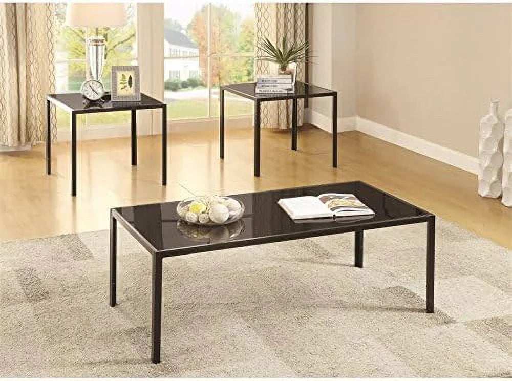 Black 3 Piece Glass Top Coffee Table Set U131