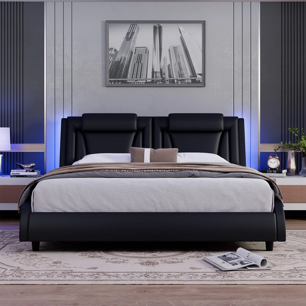 Queen LED PU Leather Upholstered Platform Bed with Adjustable Headboard A64656