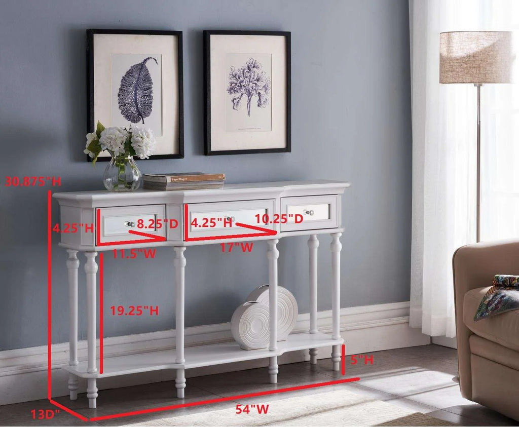 White Console Table with Mirrored Storage Drawers and Lower Shelf T453309