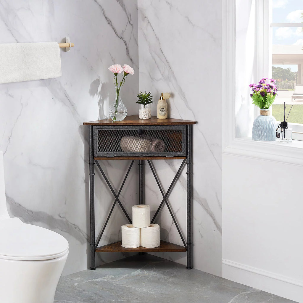 Brown Corner Storage Cabinet with Flip Drawer and Shelf O2769