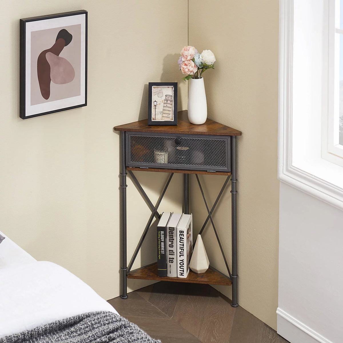 Brown Corner Storage Cabinet with Flip Drawer and Shelf O2769