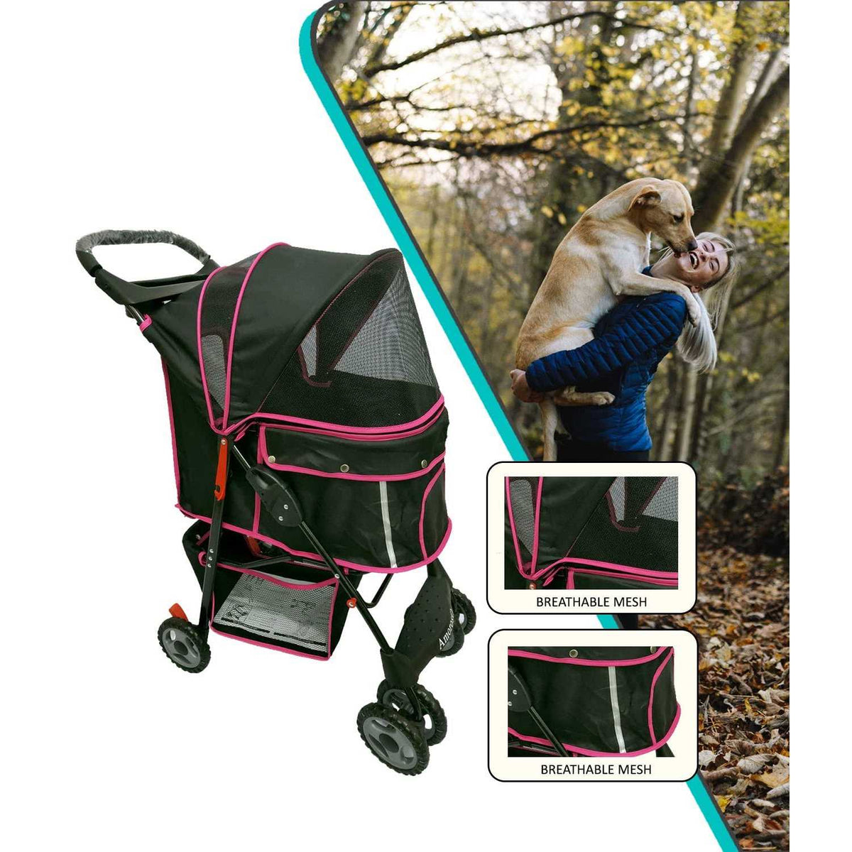 Black Pink Pet Stroller Carrier C35069