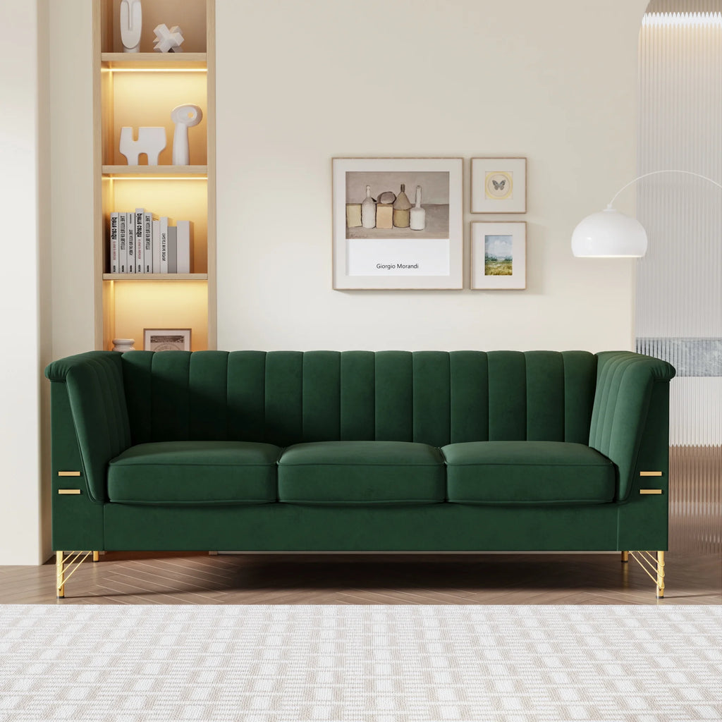 Green Velvet 3-Seater Sofa with Metal Legs T85065