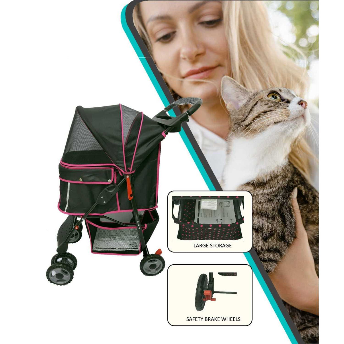 Black Pink Pet Stroller Carrier C35069