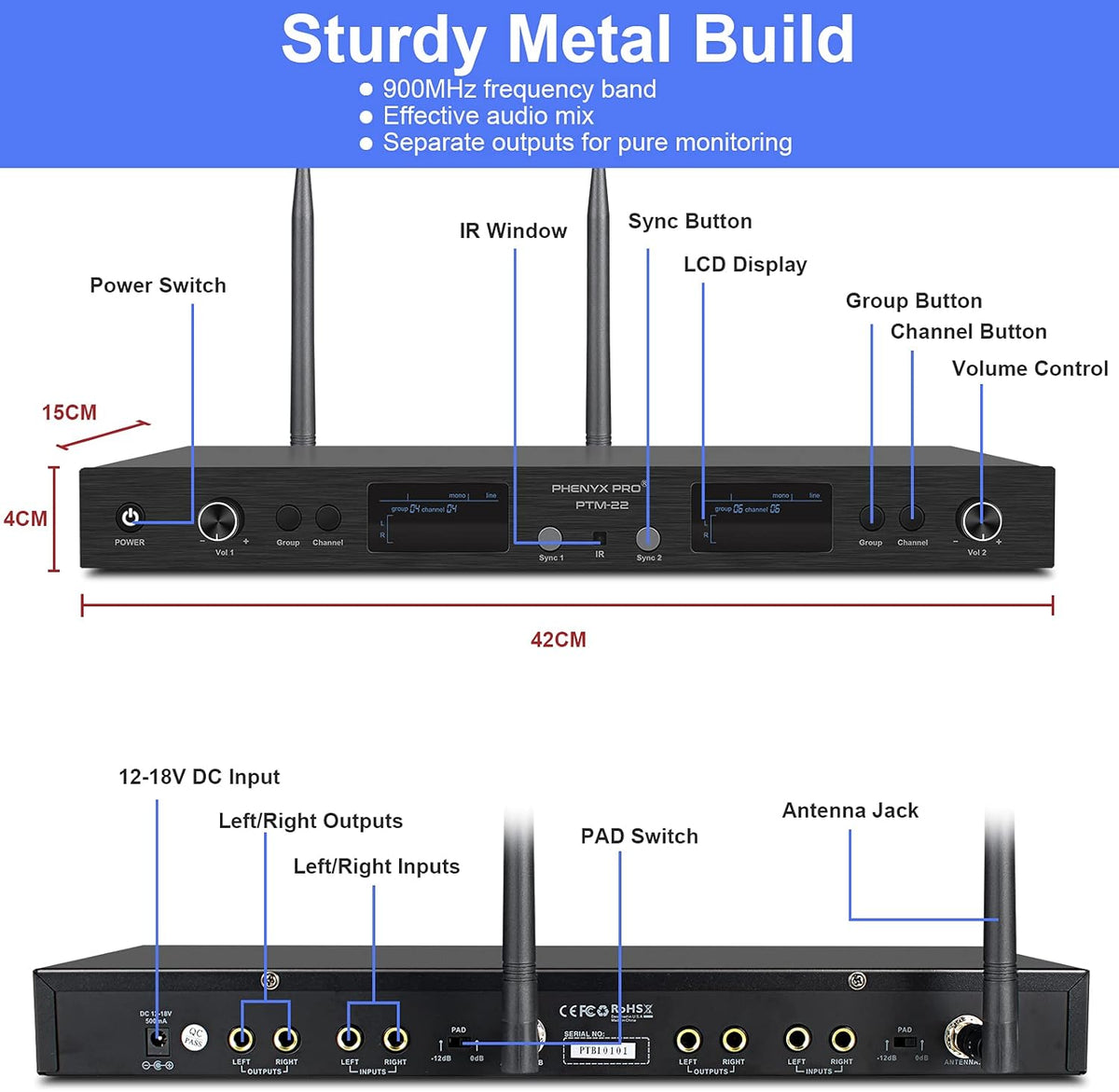 UHF Dual Wireless in-Ear Monitor System with Metal Transmitter and Bodypack Receiver R16894