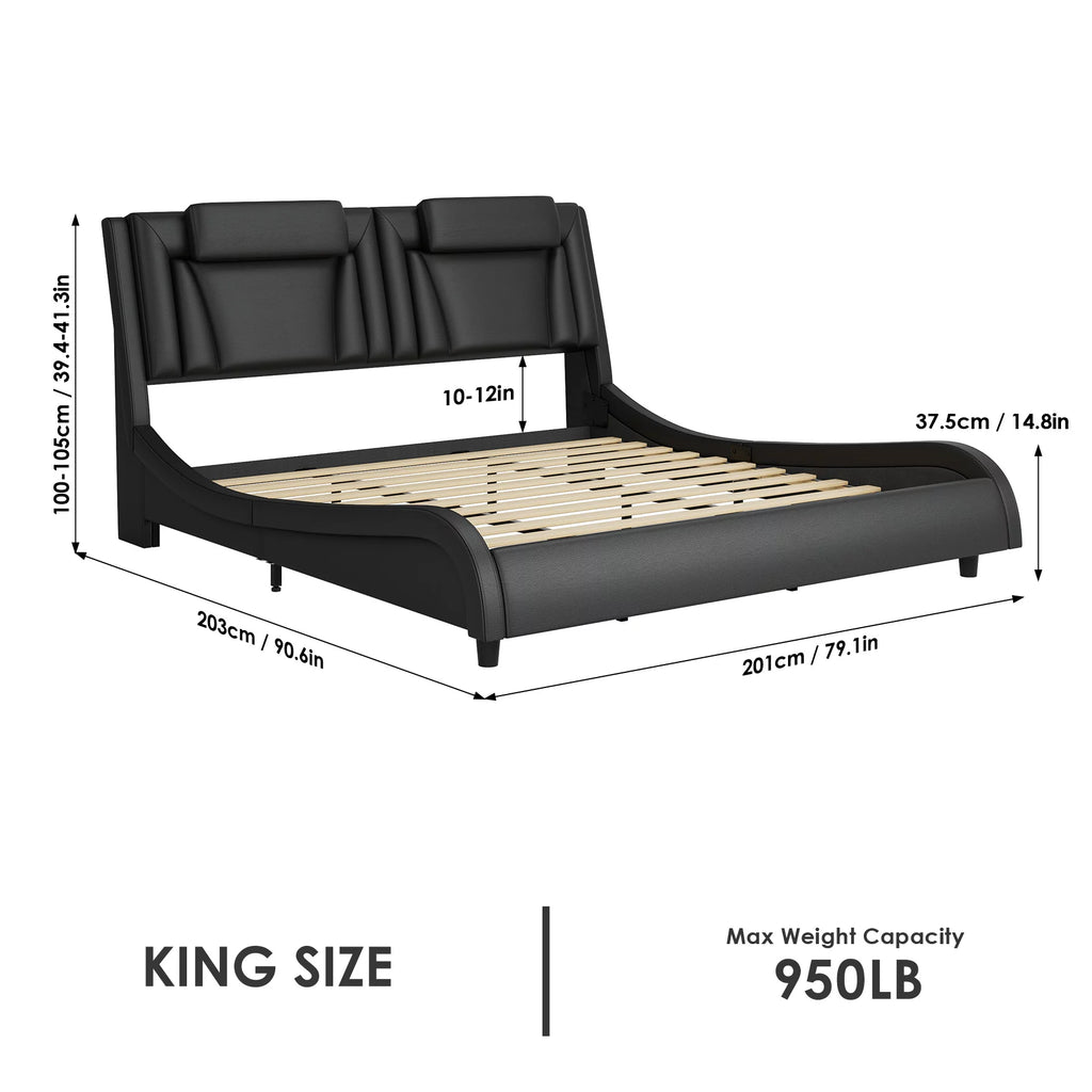 Queen LED PU Leather Upholstered Platform Bed with Adjustable Headboard A64656