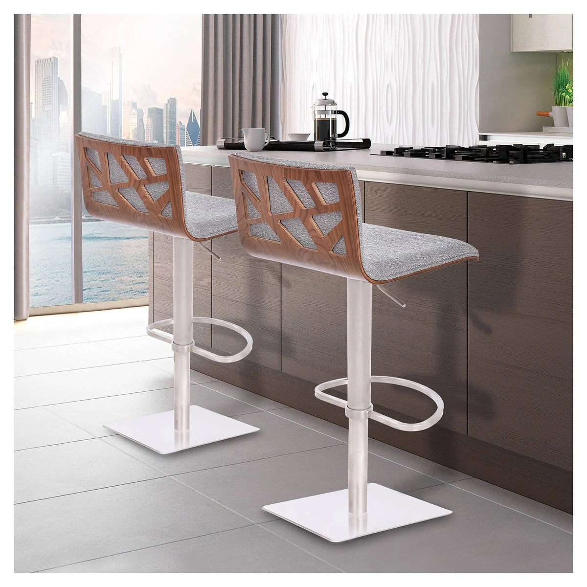 Brushed Stainless Steel Barstool with Grey Faux Leather and Walnut Back S59728
