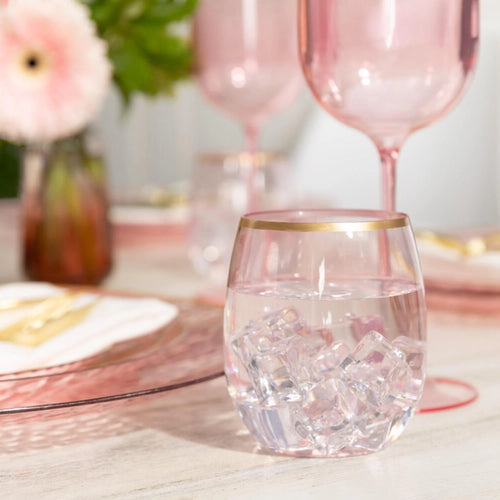 12 oz Pink Plastic Stemless Wine Glasses with Gold Rim X889214