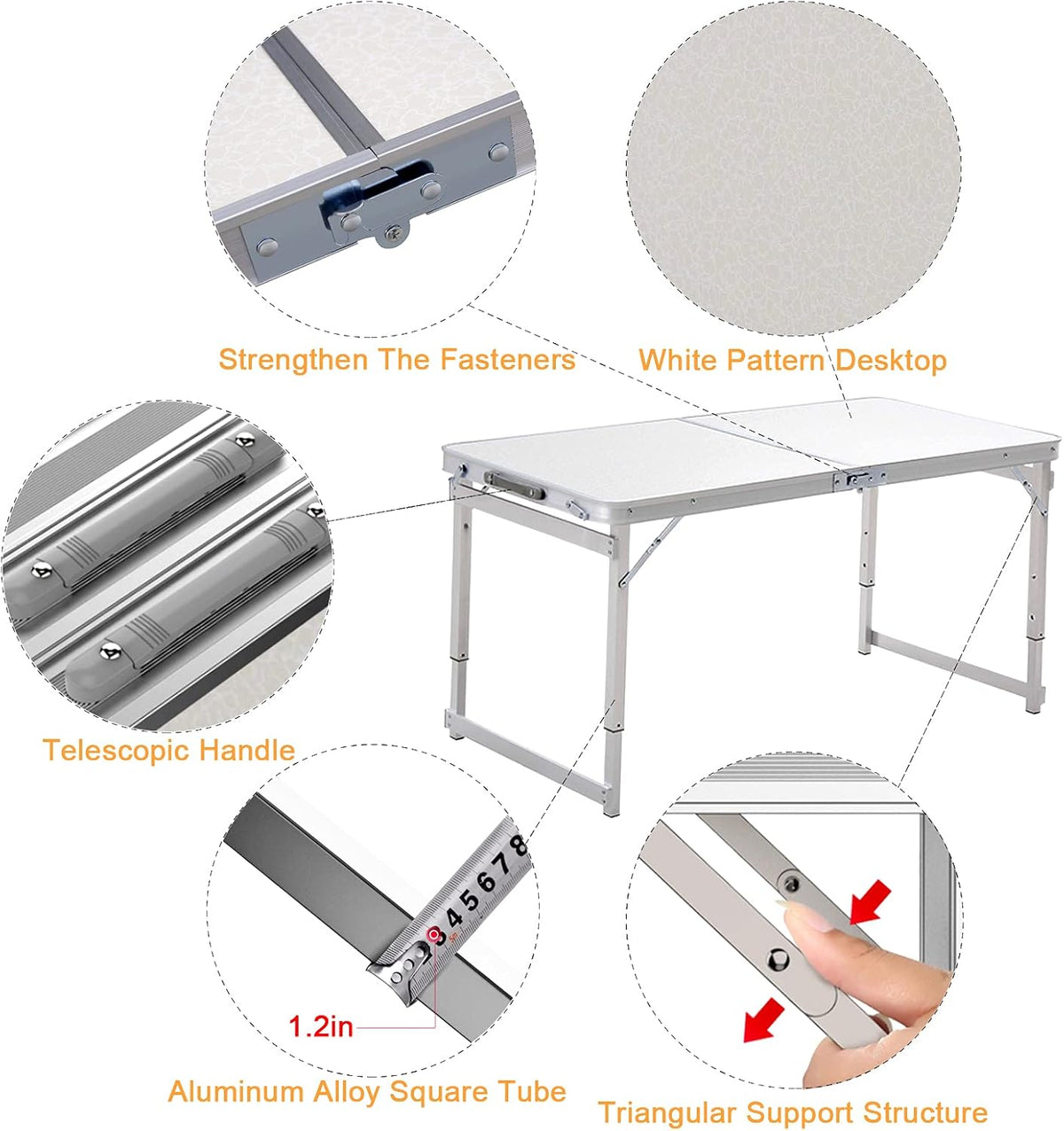 White 4 Foot Adjustable Height Folding Aluminum Camping Table with Stools O8852