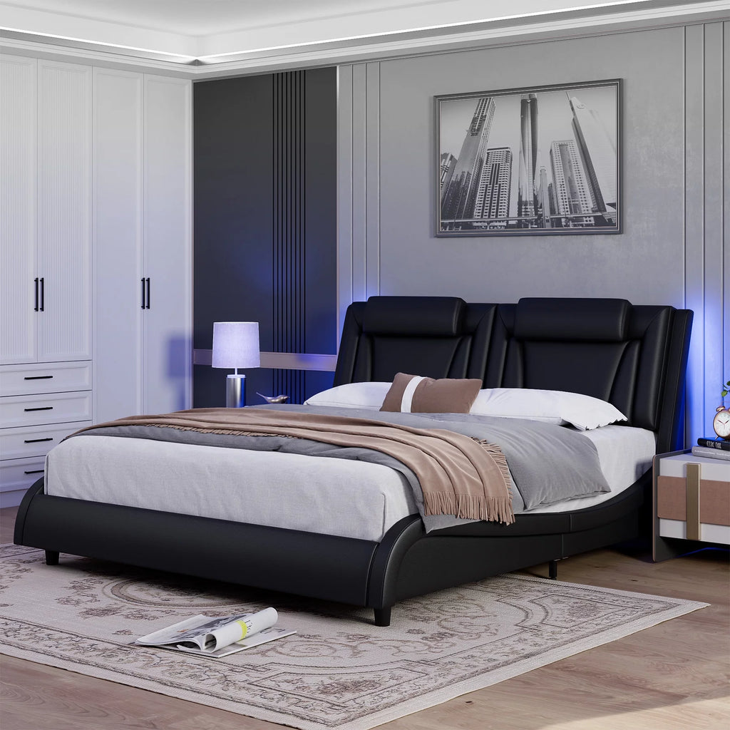 Queen LED PU Leather Upholstered Platform Bed with Adjustable Headboard A64656