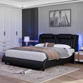 Queen LED PU Leather Upholstered Platform Bed with Adjustable Headboard A64656